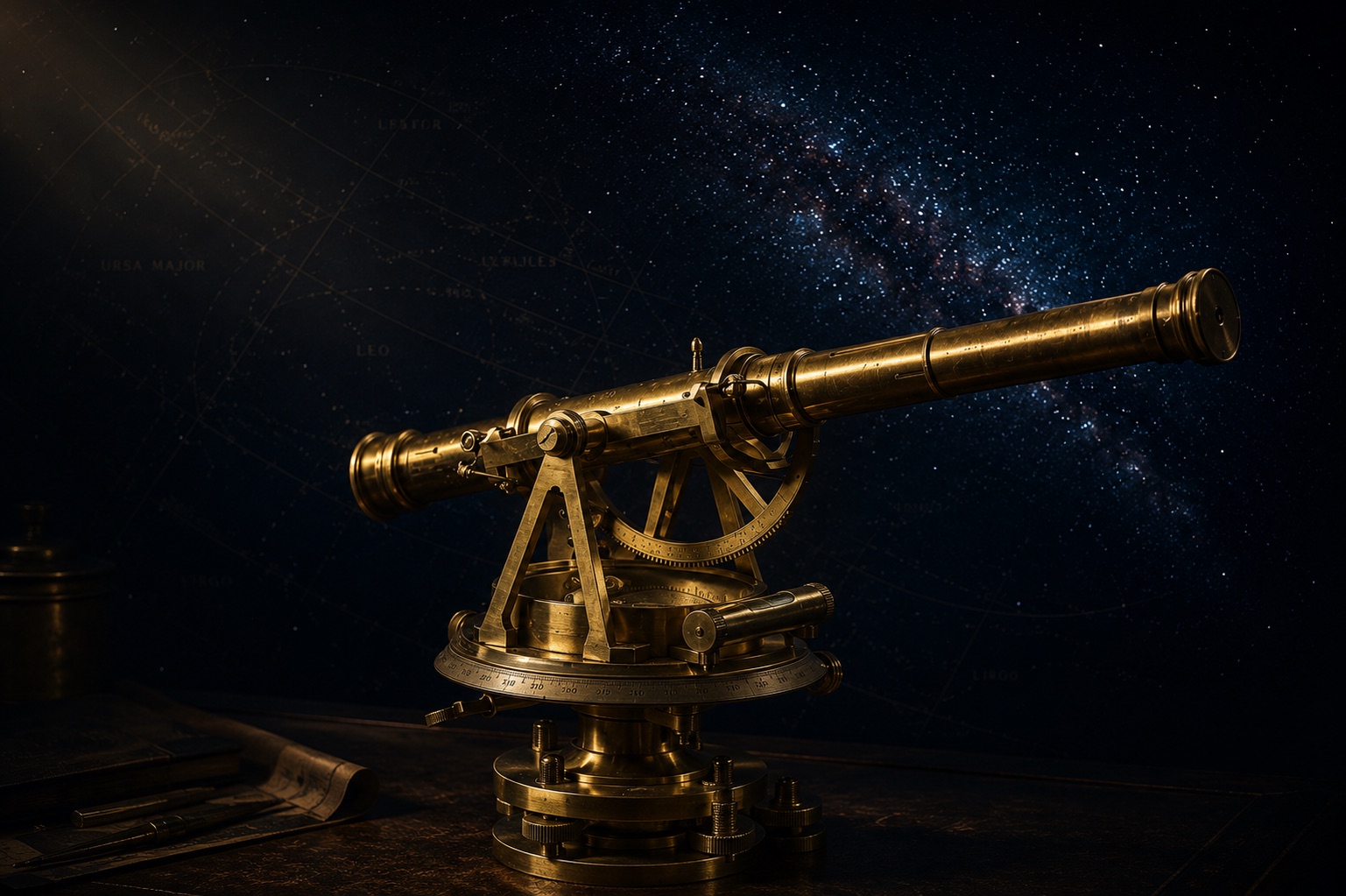 A brass transit telescope on a drafting table, aimed at a star field, beside a rolled chart and drafting instruments